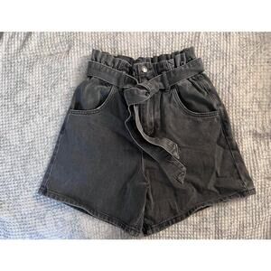 Vervet Black Denim Belted Paper Bag Elastic High Waist Shorts Size S Women's